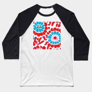 Bright red and turquoise abstract retro flowers Baseball T-Shirt